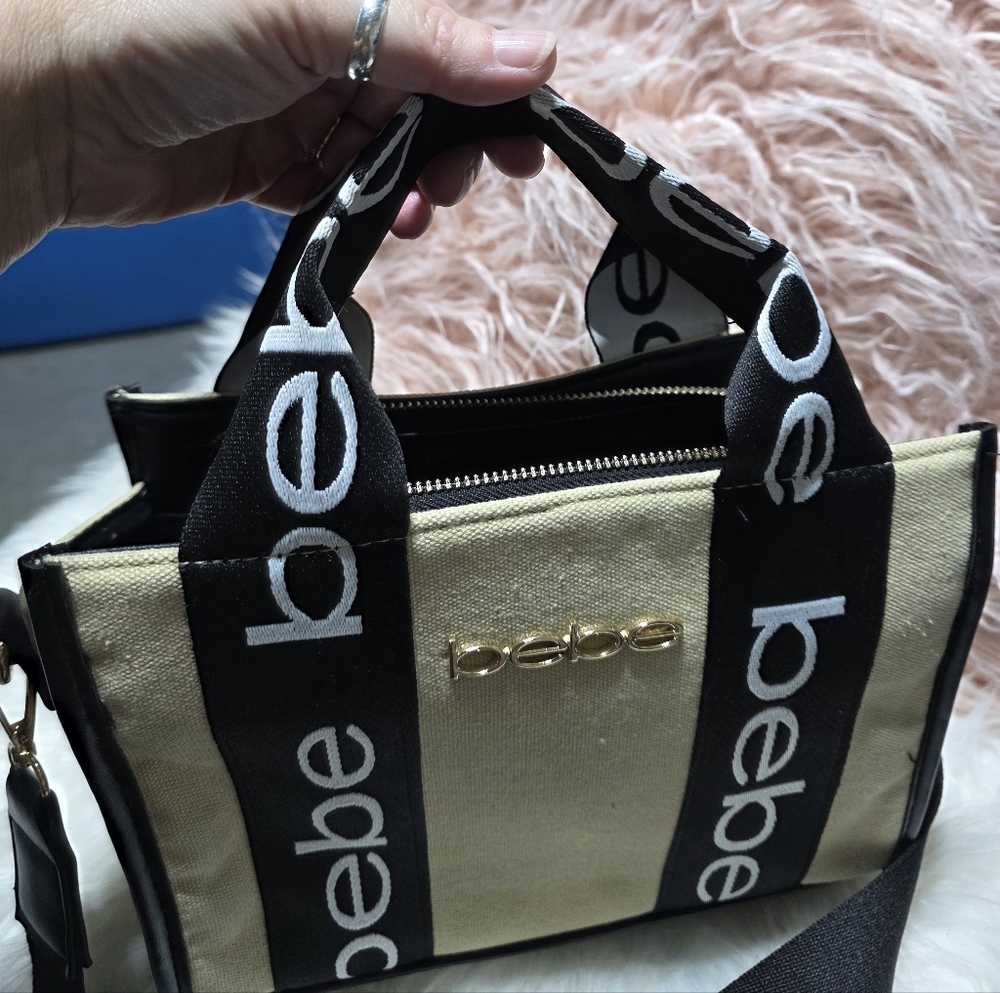 Bebe Hana Canvas Top Handle Black and Cream Crossbody Bag - Picture 4 of 6